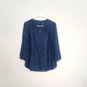 Talbots Lyocell Chambray Ruffle-Neck Popover Blouse 3/4 Sleeves Size Small